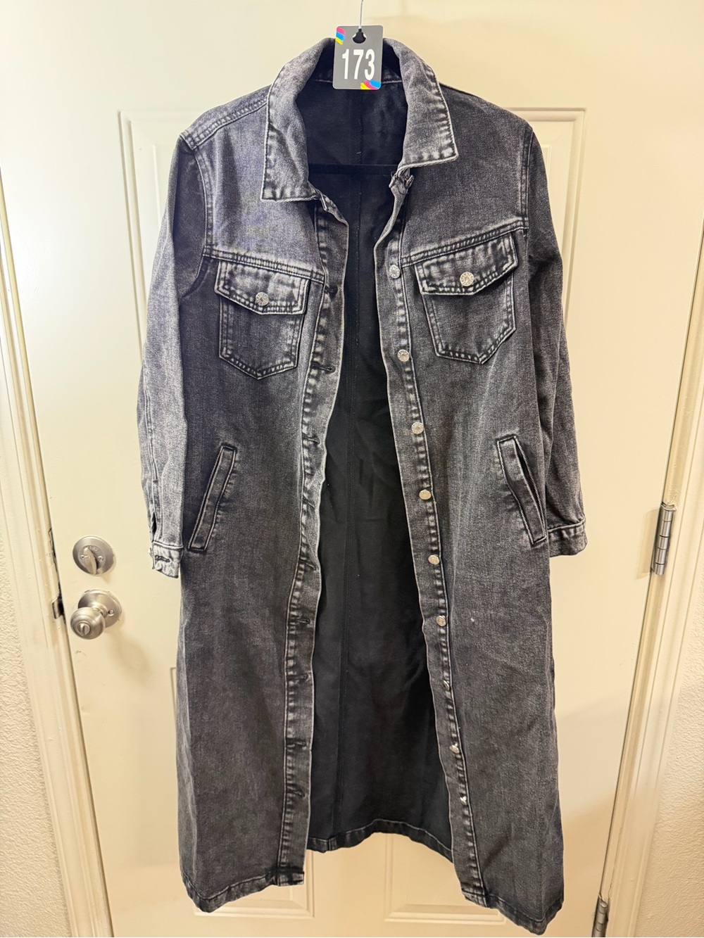Black Acid Wash Denim Maxi Coat Womens XS Long Button Front Duster 173